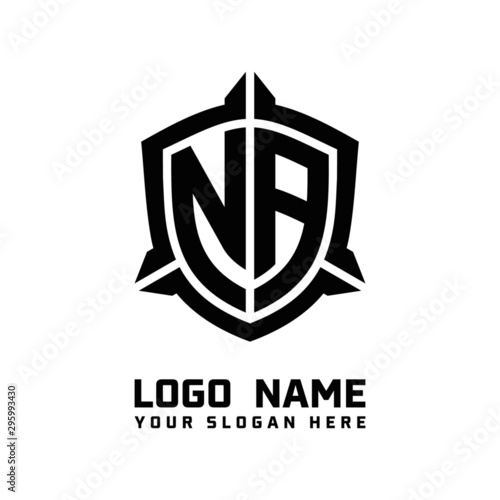 initial NA letter with shield style logo template vector. shield shape black monogram logo
