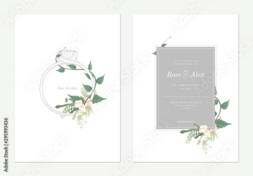 Flowers and foliage wedding invitation card template design, wedding ring decorated with white Japanese quince flowers and leaves on white