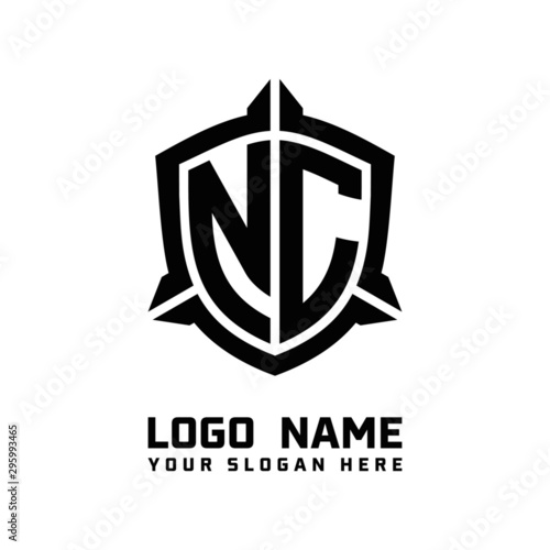 initial NC letter with shield style logo template vector. shield shape black monogram logo