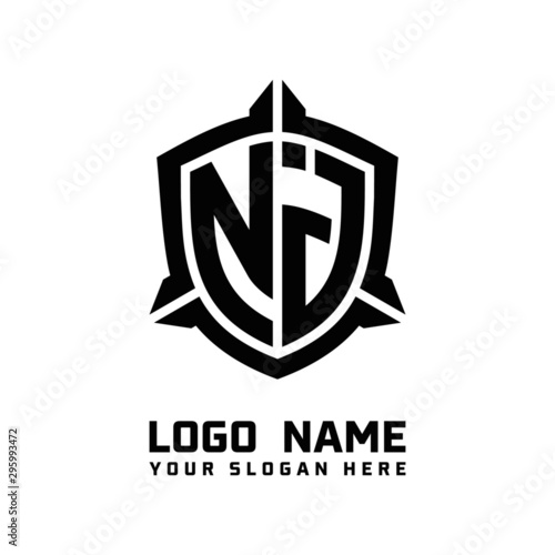 initial NJ letter with shield style logo template vector. shield shape black monogram logo