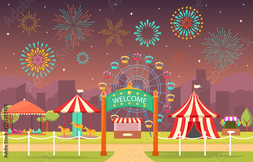 Amusement Park Circus Carnival Festival Fun Fair with Firework Landscape Illustration