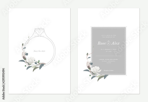 Flowers and foliage wedding invitation card template design, wedding ring decorated with white Anise magnolia flowers and leaves on white