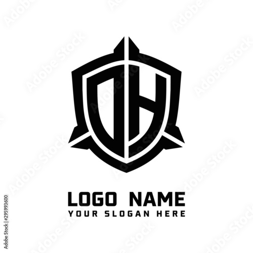 initial OH letter with shield style logo template vector. shield shape black monogram logo