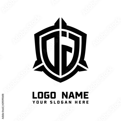 initial OJ letter with shield style logo template vector. shield shape black monogram logo