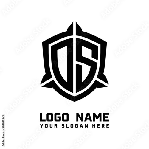 initial OS letter with shield style logo template vector. shield shape black monogram logo