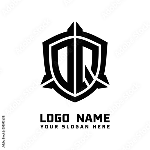 initial OQ letter with shield style logo template vector. shield shape black monogram logo