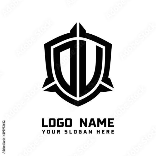 initial OU, OV letter with shield style logo template vector. shield shape black monogram logo