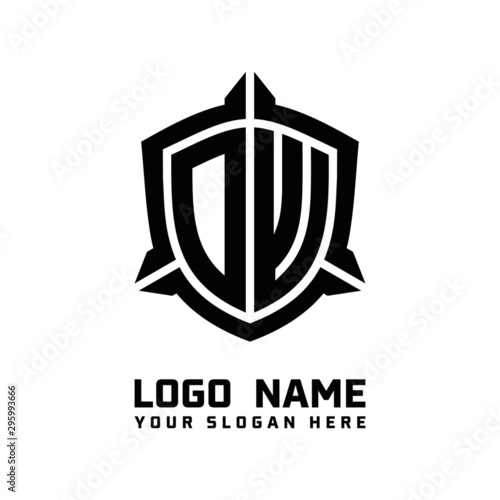 initial OW letter with shield style logo template vector. shield shape black monogram logo