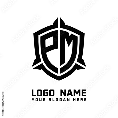initial PM letter with shield style logo template vector. shield shape black monogram logo