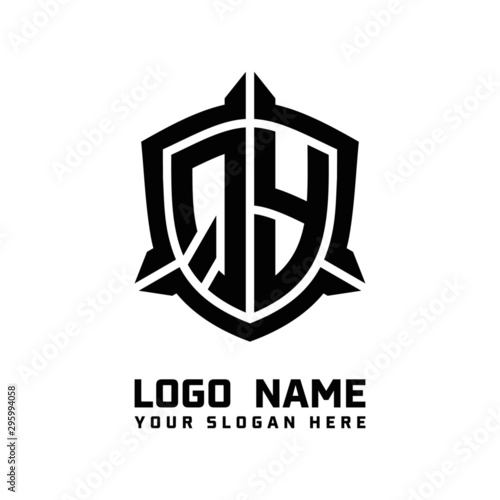 initial QY letter with shield style logo template vector. shield shape black monogram logo
