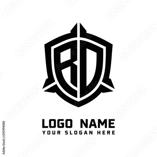 initial RD letter with shield style logo template vector. shield shape black monogram logo