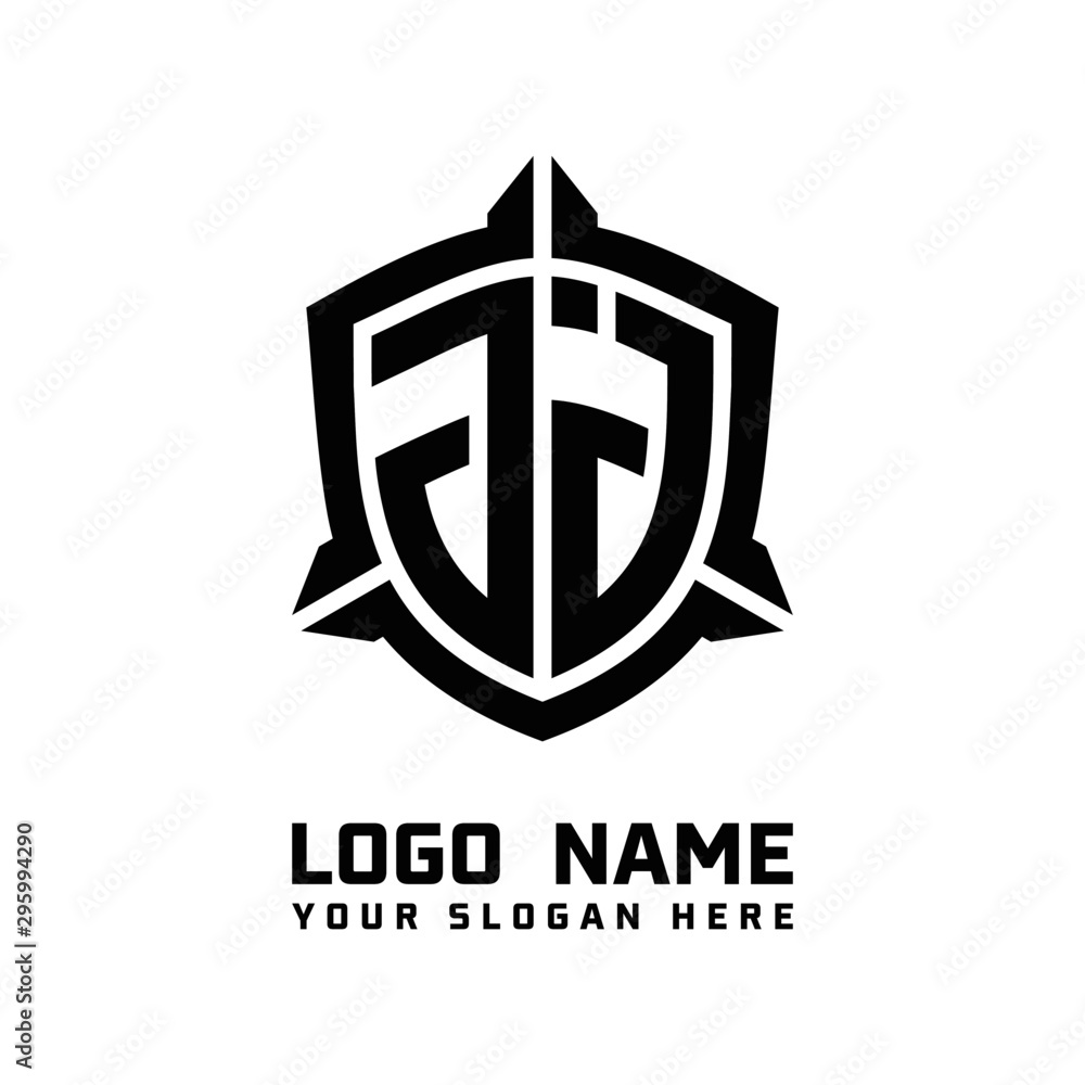 initial JJ letter with shield style logo template vector. shield shape black monogram logo initial JJ letter with shield style logo template vector. shield shape black monogram logo