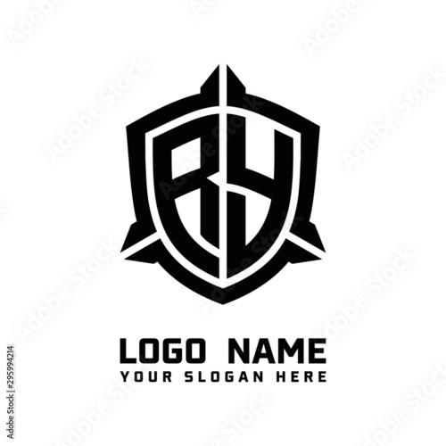 initial RY letter with shield style logo template vector. shield shape black monogram logo