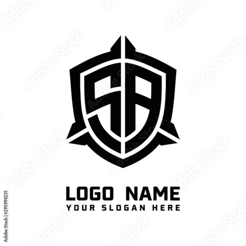 initial SA letter with shield style logo template vector. shield shape black monogram logo
