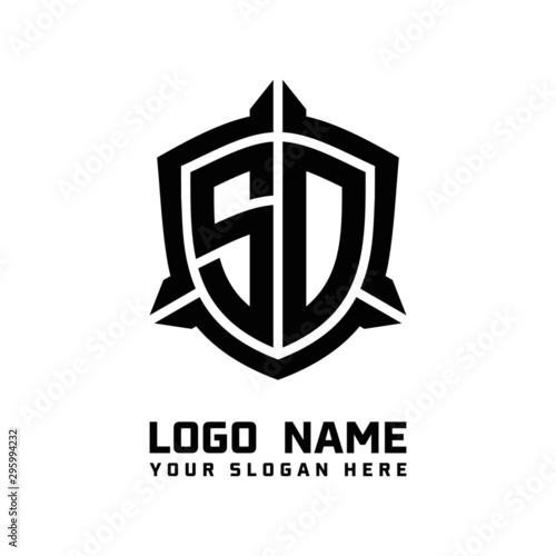 initial SD letter with shield style logo template vector. shield shape black monogram logo