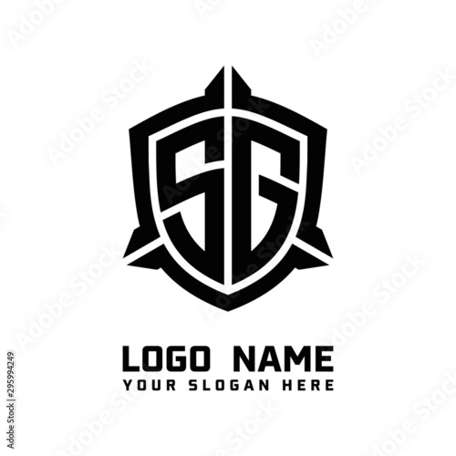initial SG letter with shield style logo template vector. shield shape black monogram logo