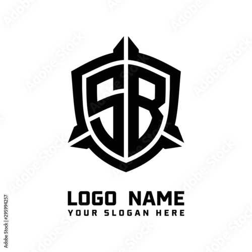 initial SB letter with shield style logo template vector. shield shape black monogram logo