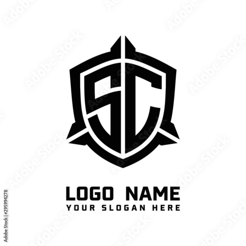 initial SC letter with shield style logo template vector. shield shape black monogram logo