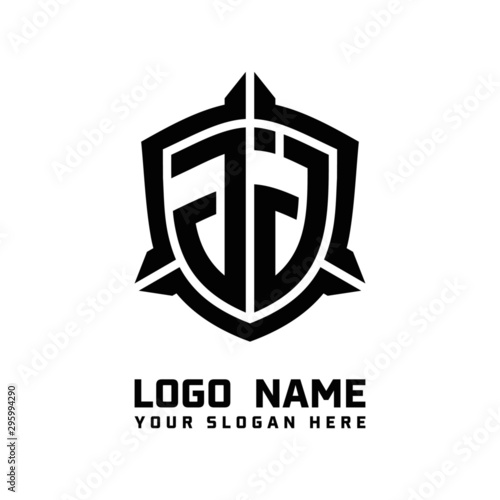 initial JJ letter with shield style logo template vector. shield shape black monogram logo