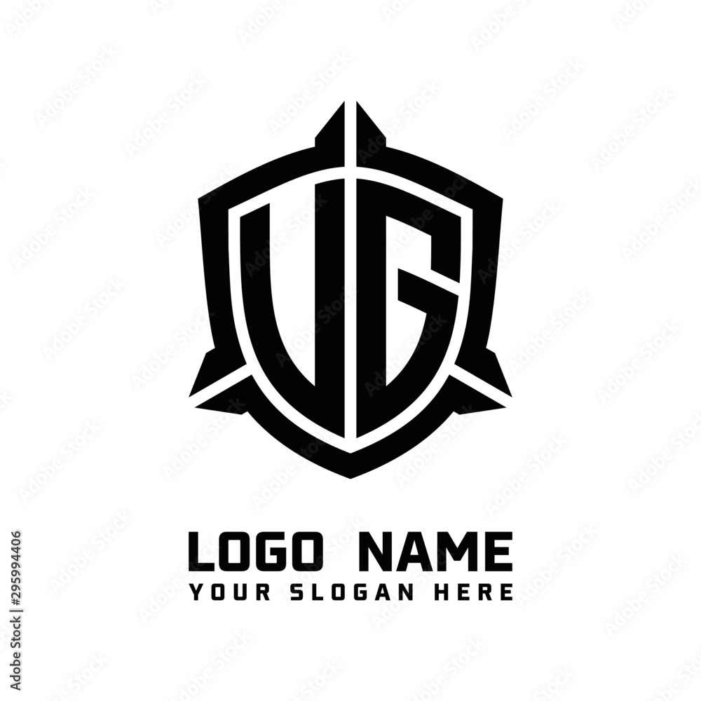 initial UG, VG letter with shield style logo template vector. shield shape black monogram logo initial UG, VG letter with shield style logo template vector. shield shape black monogram logo