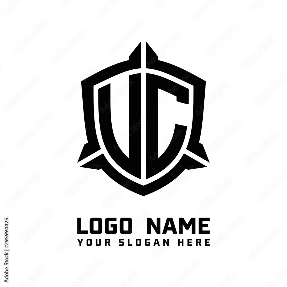 initial UC, VC letter with shield style logo template vector. shield shape black monogram logo initial UC, VC letter with shield style logo template vector. shield shape black monogram logo