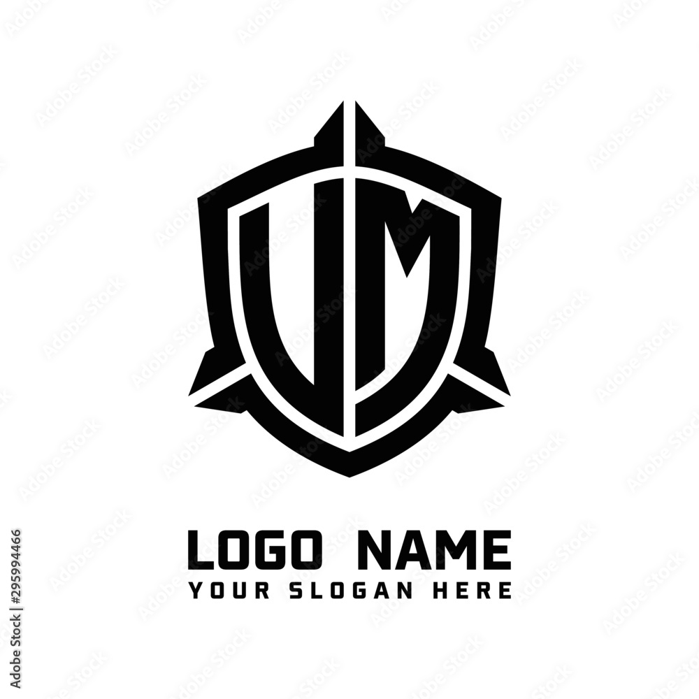 initial UM, VM letter with shield style logo template vector. shield shape black monogram logo initial UM, VM letter with shield style logo template vector. shield shape black monogram logo