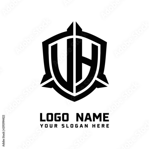 initial UH, VH letter with shield style logo template vector. shield shape black monogram logo
