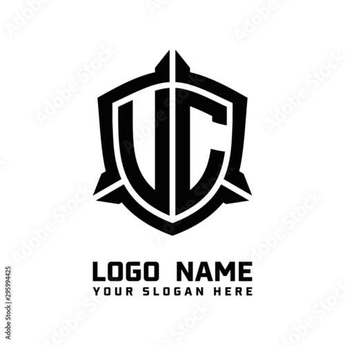 initial UC, VC letter with shield style logo template vector. shield shape black monogram logo