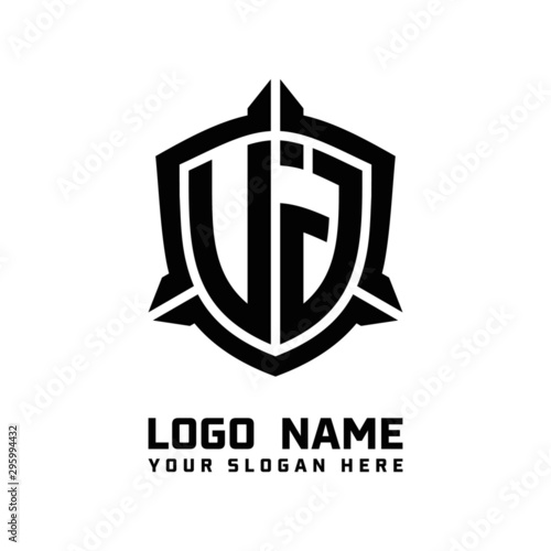 initial UJ, VJ letter with shield style logo template vector. shield shape black monogram logo