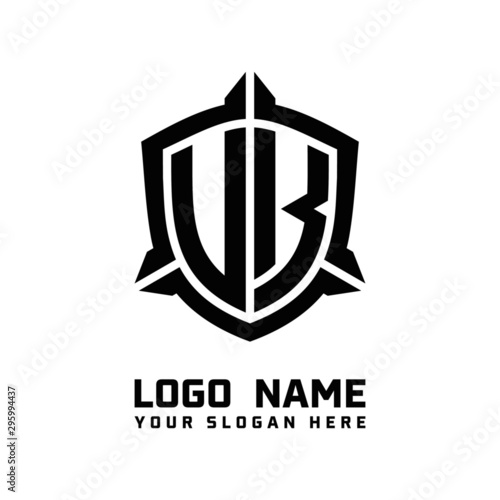 initial UK, VK letter with shield style logo template vector. shield shape black monogram logo