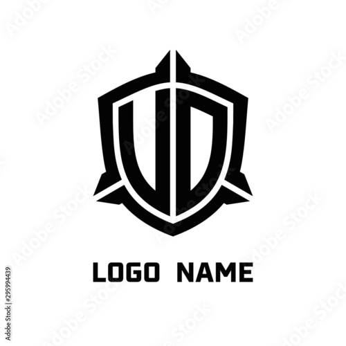 initial UO, VO letter with shield style logo template vector. shield shape black monogram logo