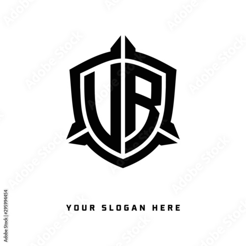 initial UR, VR letter with shield style logo template vector. shield shape black monogram logo