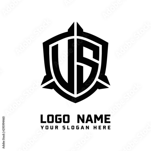 initial US, VS letter with shield style logo template vector. shield shape black monogram logo