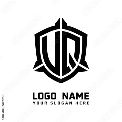 initial UQ, VQ letter with shield style logo template vector. shield shape black monogram logo