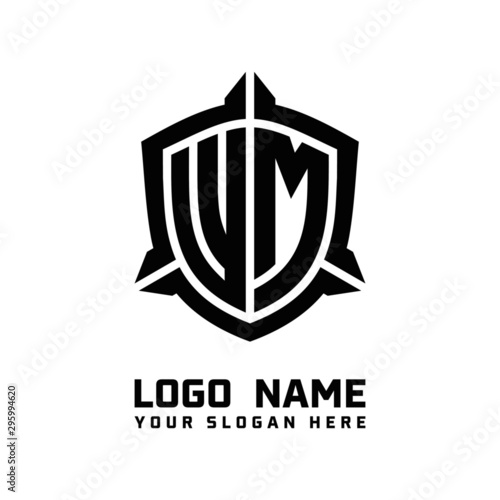 initial WM letter with shield style logo template vector. shield shape black monogram logo