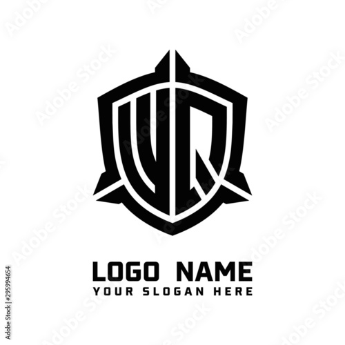 initial WQ letter with shield style logo template vector. shield shape black monogram logo