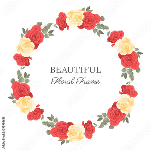 Floral circle frame with red yellow rose flower bouquet