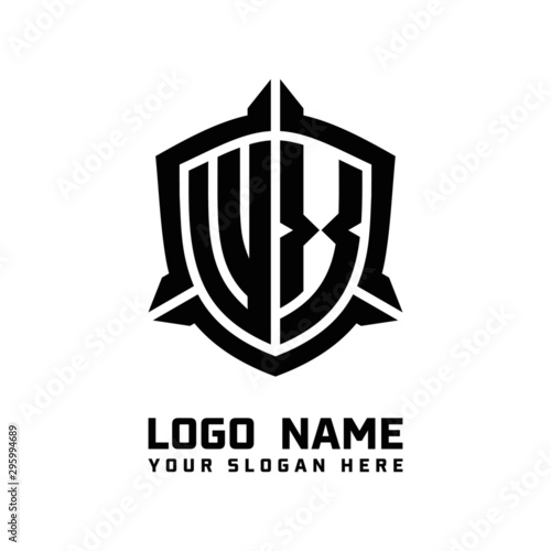 initial WX letter with shield style logo template vector. shield shape black monogram logo