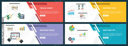 Internet banner set with financial market and investment chart icons.