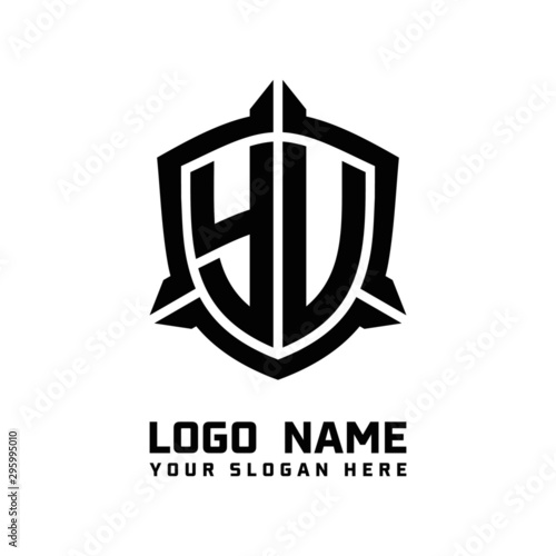 initial YU, YV letter with shield style logo template vector. shield shape black monogram logo