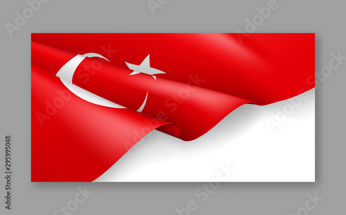 Turkey patriotic horizontal web banner with 3d flag. Realistic fluttering turkish flag on white background. Turkey national day vector card with empty space. Official holiday celebration.