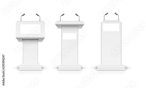 Realistic Detailed 3d White Blank Podium Tribune Debate or Stage Stand Template Mockup Set. Vector