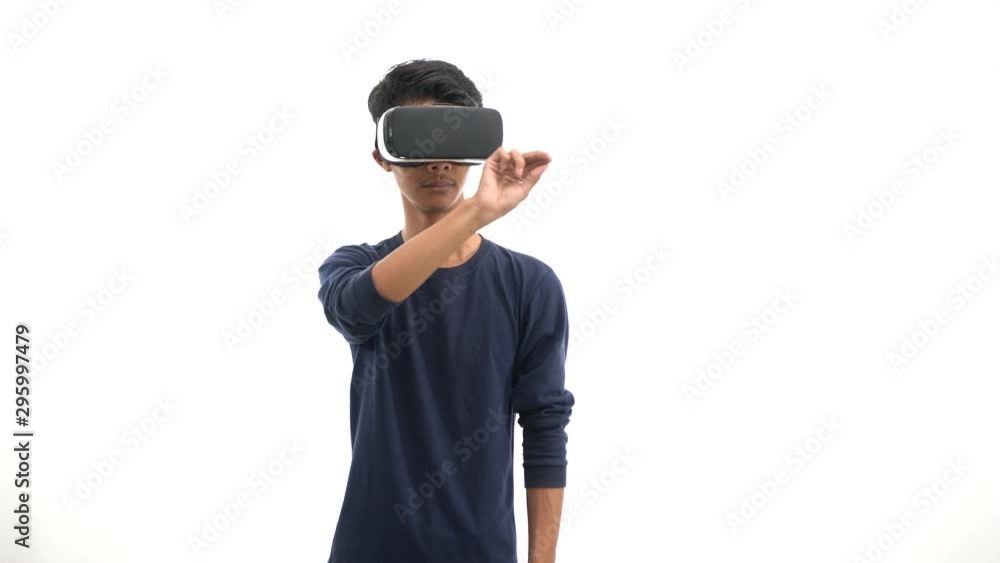 young man wearing navy shirt with glasses of virtual reality. Future technology concept young man wearing navy shirt with glasses of virtual reality. Future technology concept