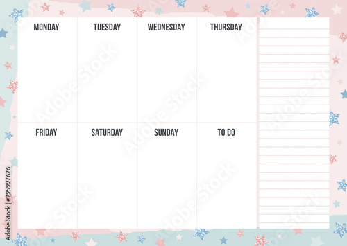 Stylish weekly planning template with notes on stars background. Twinkle stars in blue, pink and glitter color. Modern organizer design. Vector illustration