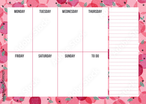 Abstract weekly planning template with notes on berry background in bright color. Modern organizer design on food backdrop with stamp effect. Vector illustration