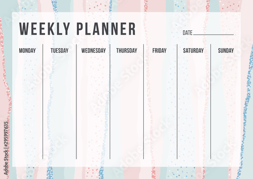 Stylish weekly planning template on striped background in pastel pink and blue colors. Modern organizer design for school and office. Vector illustration for daily target