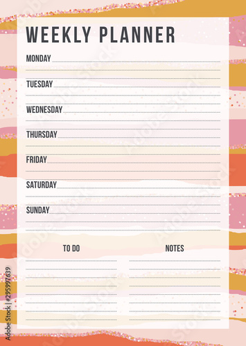 Stylish weekly planning template with notes on striped background in  vintage color and confetti. Retro organizer design. Vector illustration