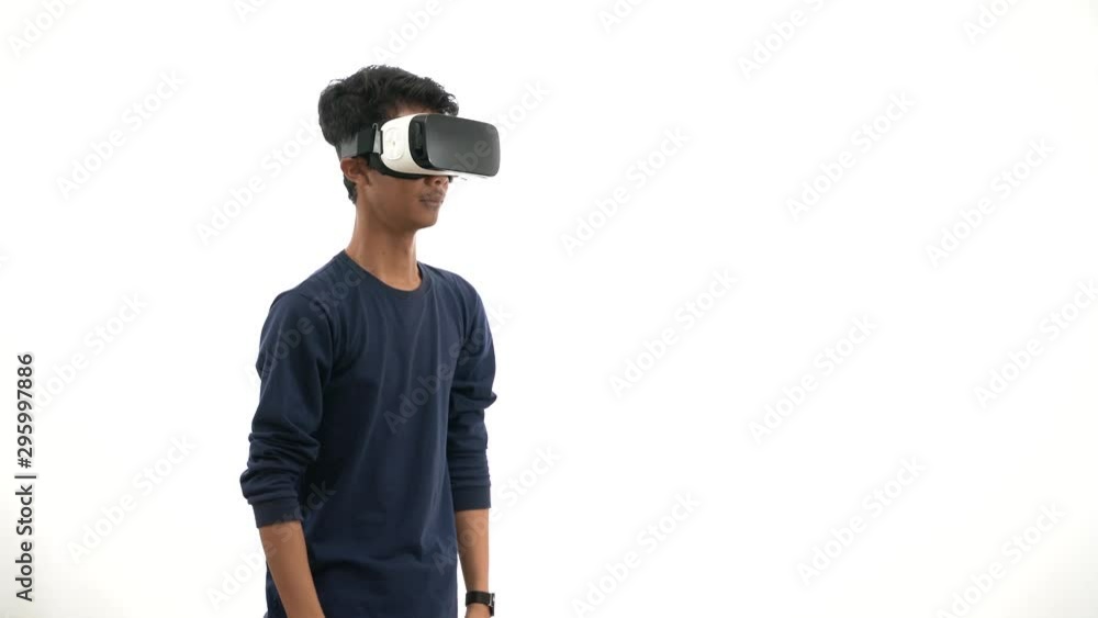 young man wearing navy shirt with glasses of virtual reality. Future technology concept young man wearing navy shirt with glasses of virtual reality. Future technology concept