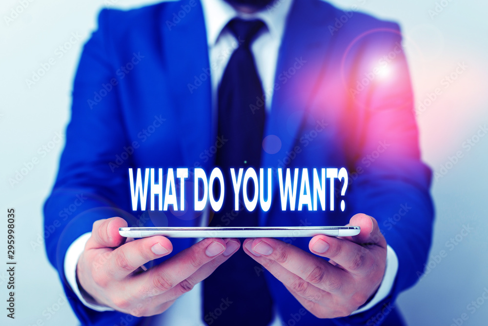 Handwriting text writing What Do You Want Question. Conceptual photo say or write in order to ask demonstrating about something Businessman in blue suite with a tie holds lap top in hands Handwriting text writing What Do You Want Question. Conceptual photo say or write in order to ask demonstrating about something Businessman in blue suite with a tie holds lap top in hands