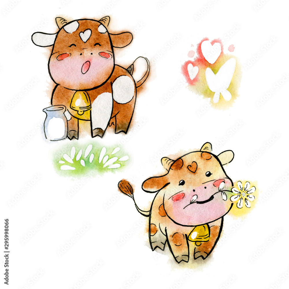 Fototapeta premium Set of red watercolor cows. Cartoon set of kawaii of happy cows with flower and milk. Handmade watercolor